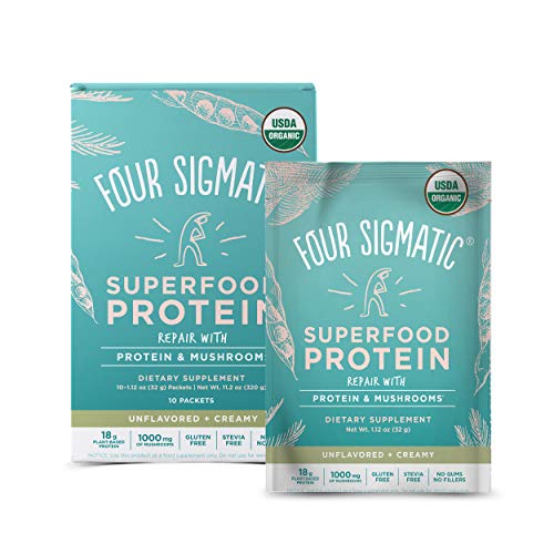 Four Sigmatic - Superfood Protein with Immunity Supporting Mushrooms & Adaptogens, Natural Plant Based Protein, Vegan, Dairy-Free, Gluten-Free, No Fillers or Gums, 10 Count