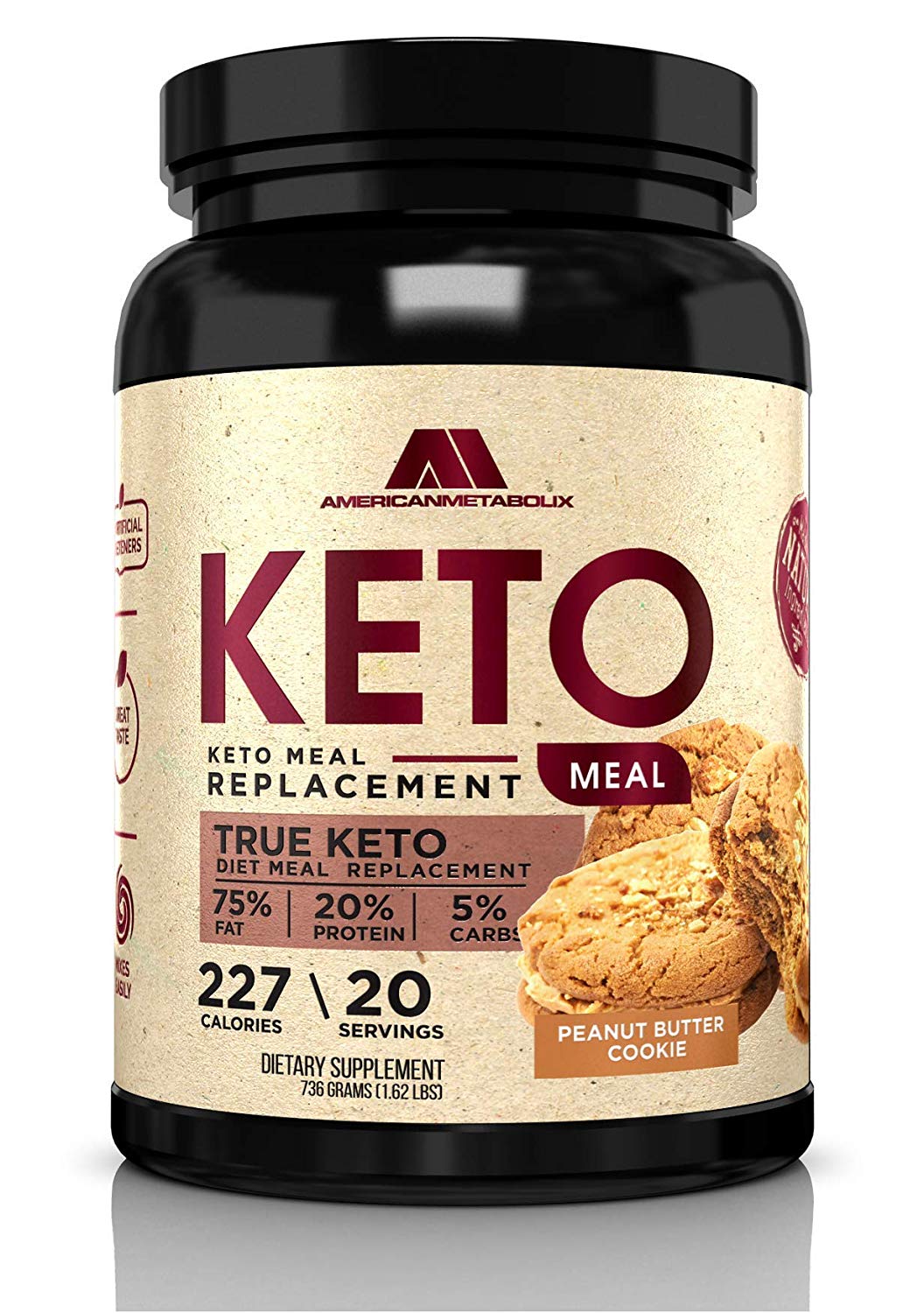 Keto Meal Replacement, 20 Servings, 227 Calories, 75% F,20% p, 5% c (20 Servings) (Peanut Butter Cookie)